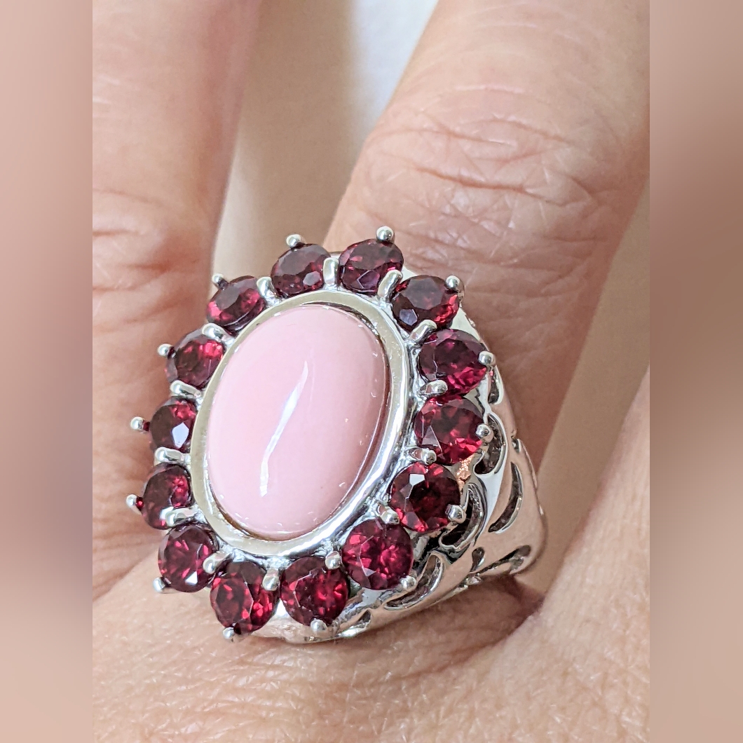 Pink Opal And Garnet Sterling Silver Ring, Nwot